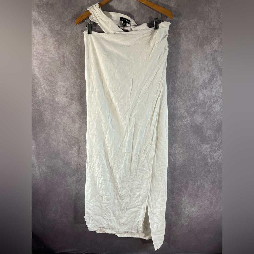 Jlux Label Midi Dress Womens XL Ivory Faux Wrap Linen One Shoulder *See Descrip*